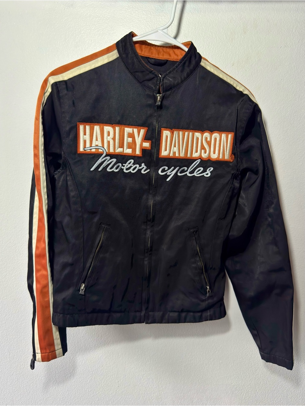 Harley-Davidson Black Jacket with Orange & Cream Stripes - Women’s Small